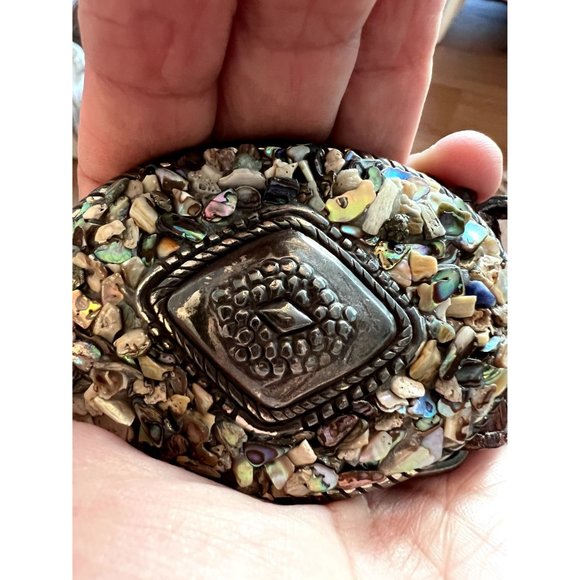 Avignon Designer Brown Leather Belt Silver Belt Buckle Rock Mosaic Design / Cowb - Picture 6 of 9